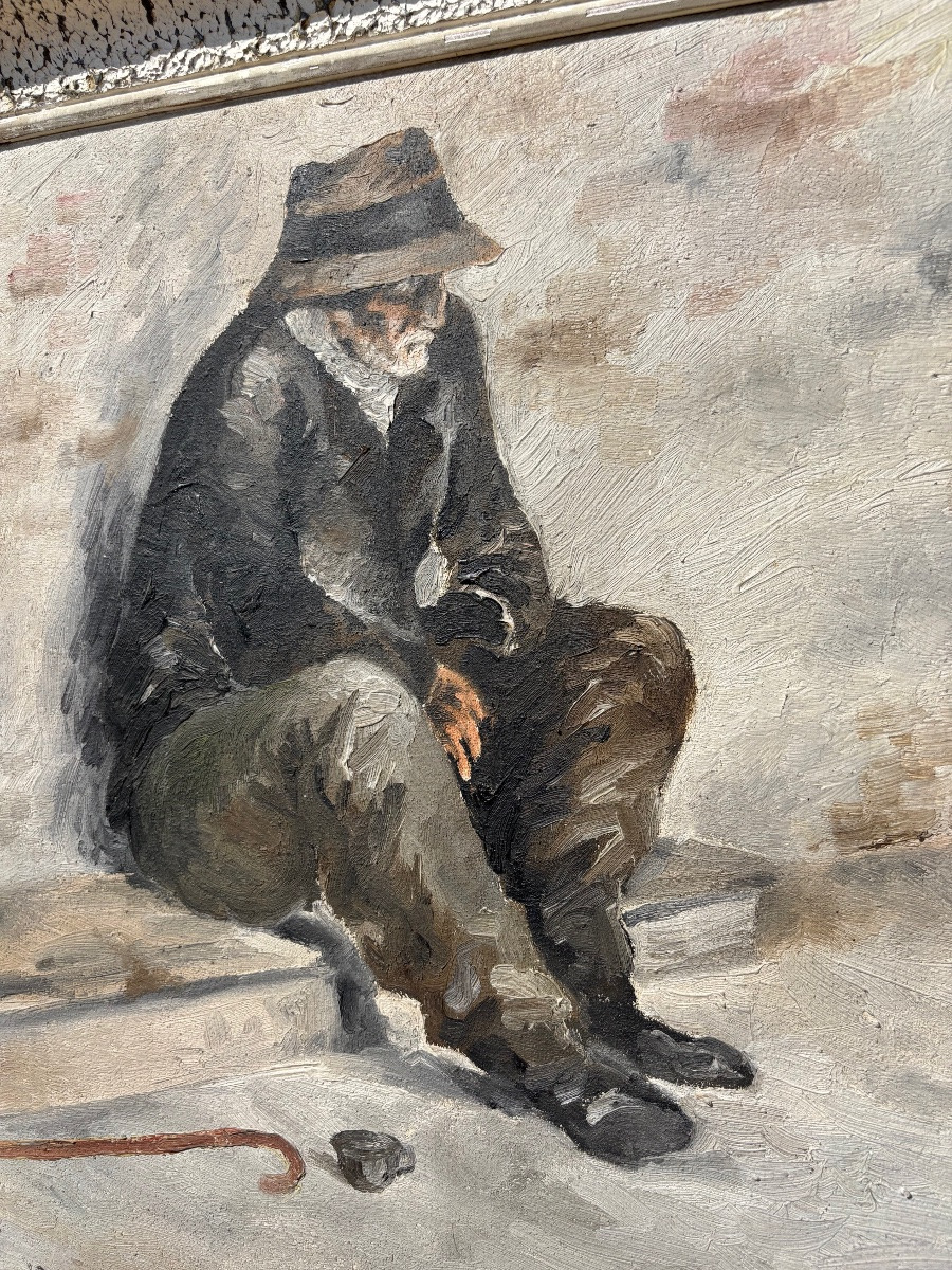 Seated Beggar – Oil On Canvas Signed Pierre Adrien – Circa 1930-photo-2