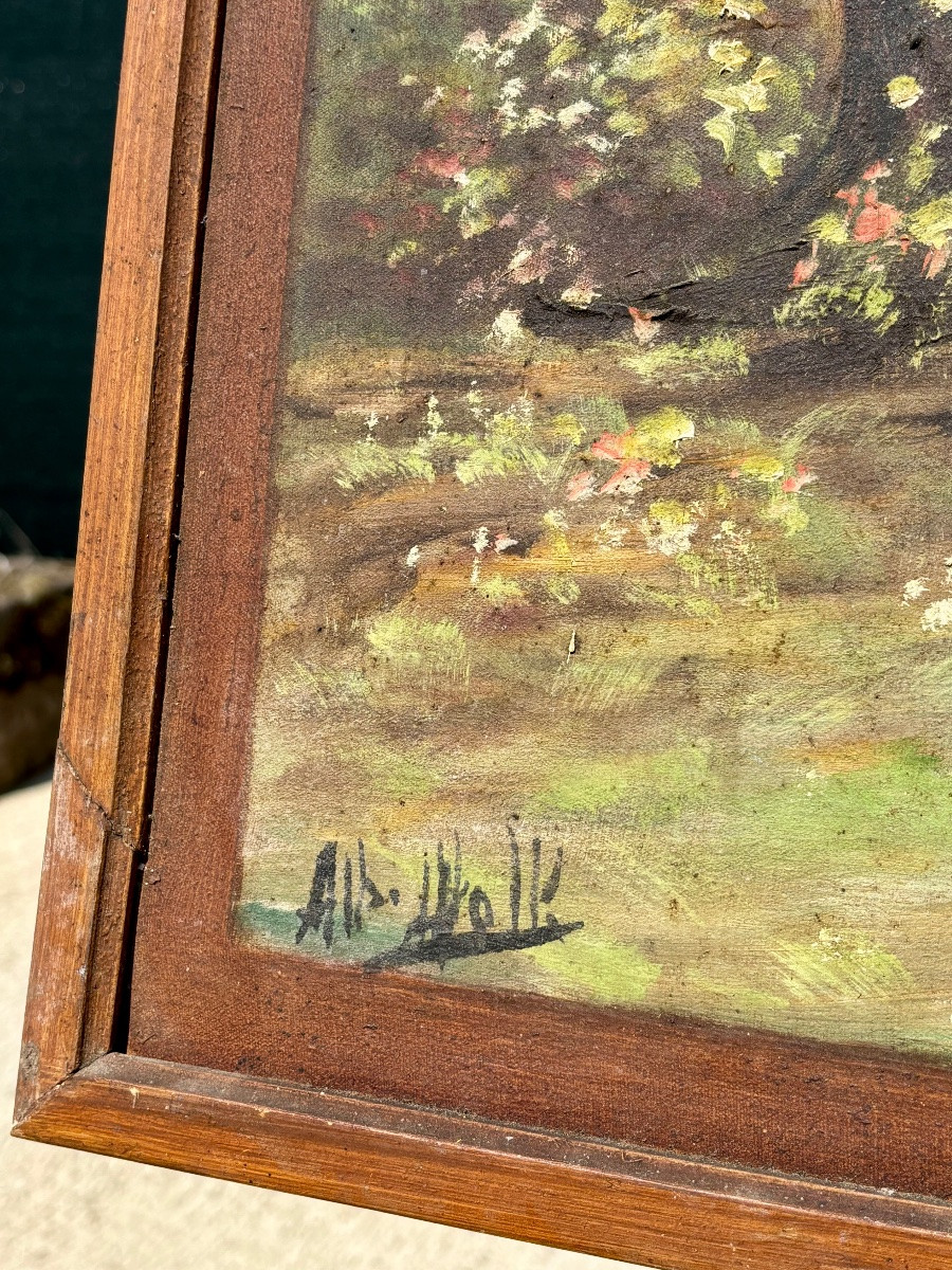 Grande huile sur toile – Jeanne d’Arc bergère entourée d’anges – signée H. HOLK – vers 1930-photo-3