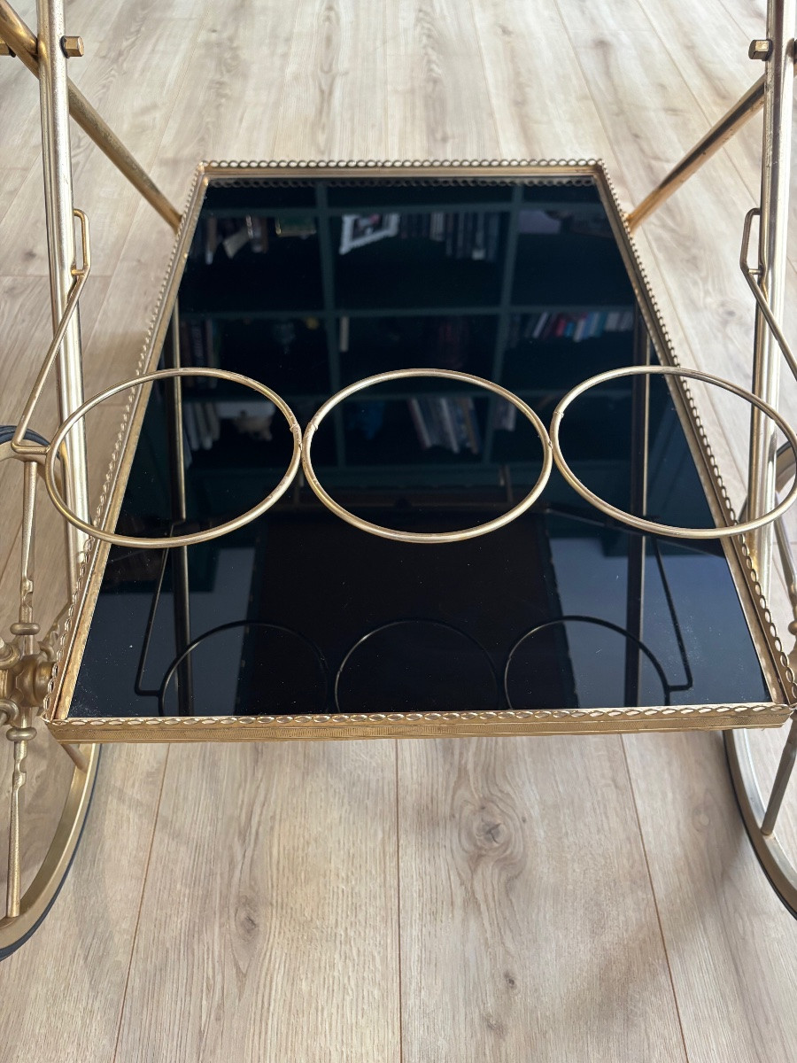 Brass And Smoked Glass Rolling Trolley, France 1967, Maison Jansen Style-photo-1