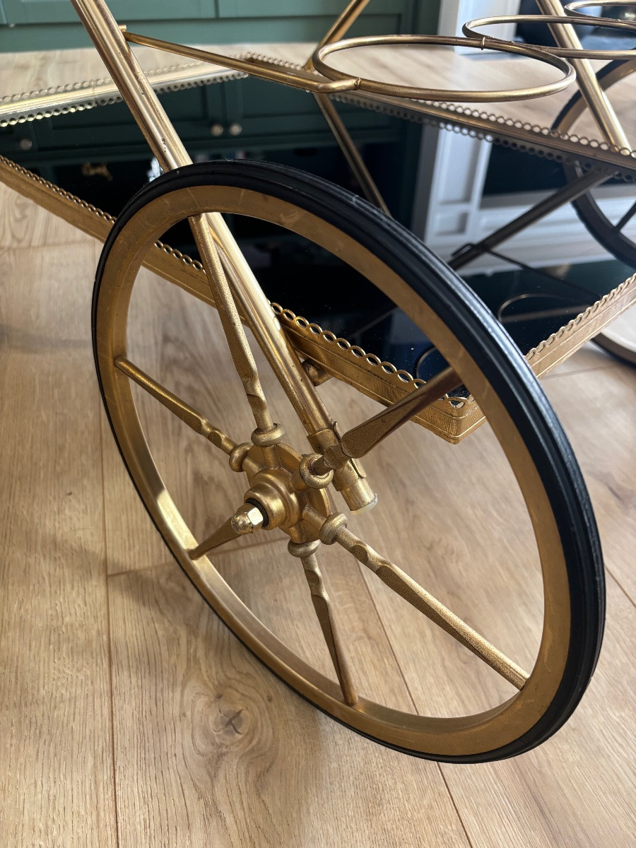 Brass And Smoked Glass Rolling Trolley, France 1967, Maison Jansen Style-photo-3