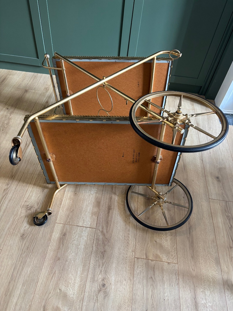 Brass And Smoked Glass Rolling Trolley, France 1967, Maison Jansen Style-photo-4