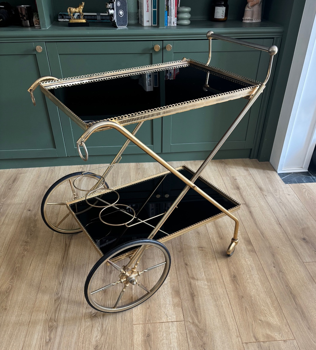 Brass And Smoked Glass Rolling Trolley, France 1967, Maison Jansen Style
