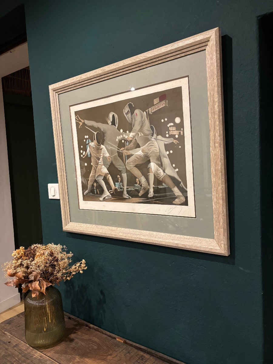 Fencing Scene – Color Print, Ea, Unidentified Artist, Circa 1960-1970-photo-4
