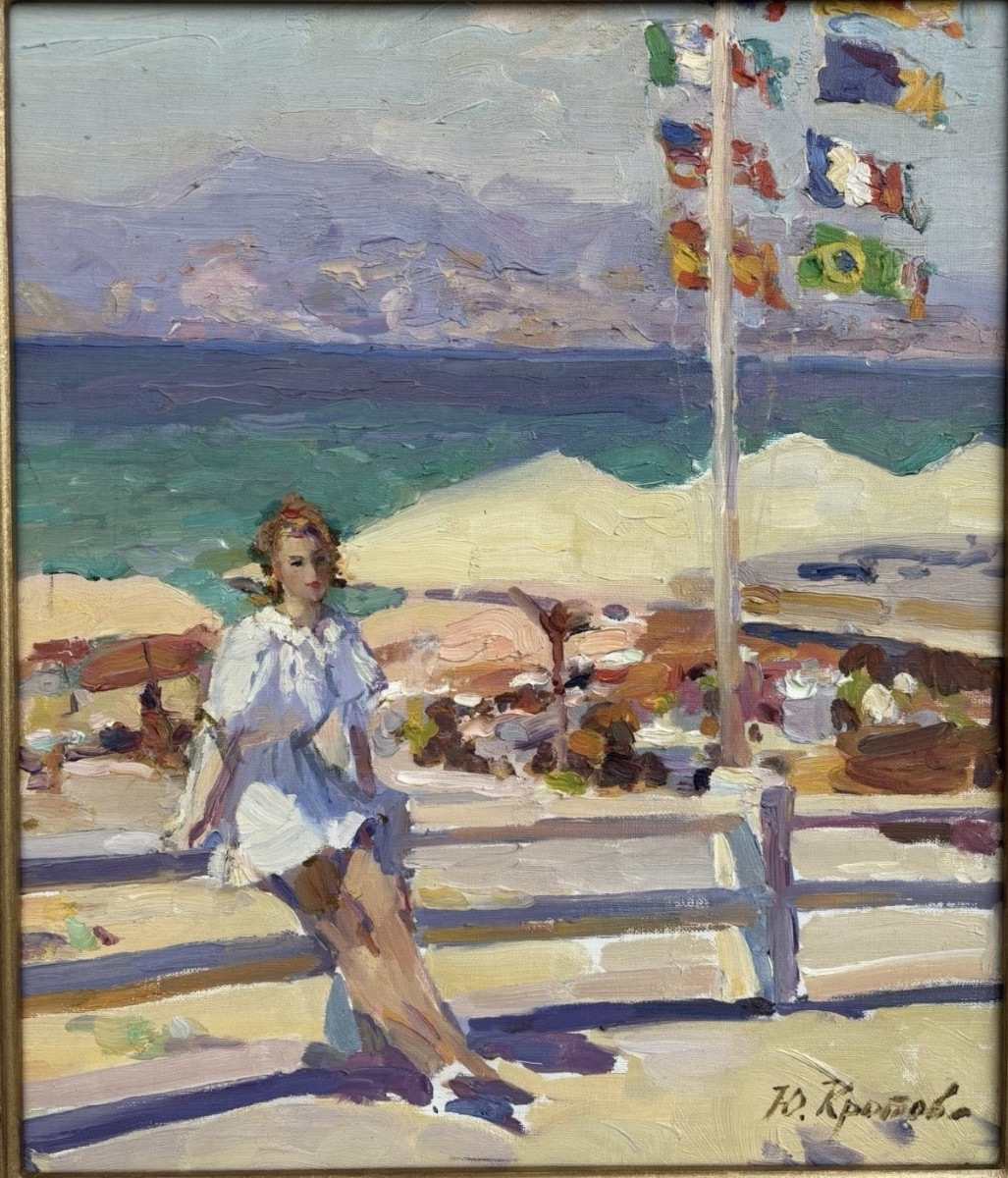 Painting - Youri Krotov, Russia (1964) - Croisette, On The Beach In Cannes, Oil On Cardboard-photo-3