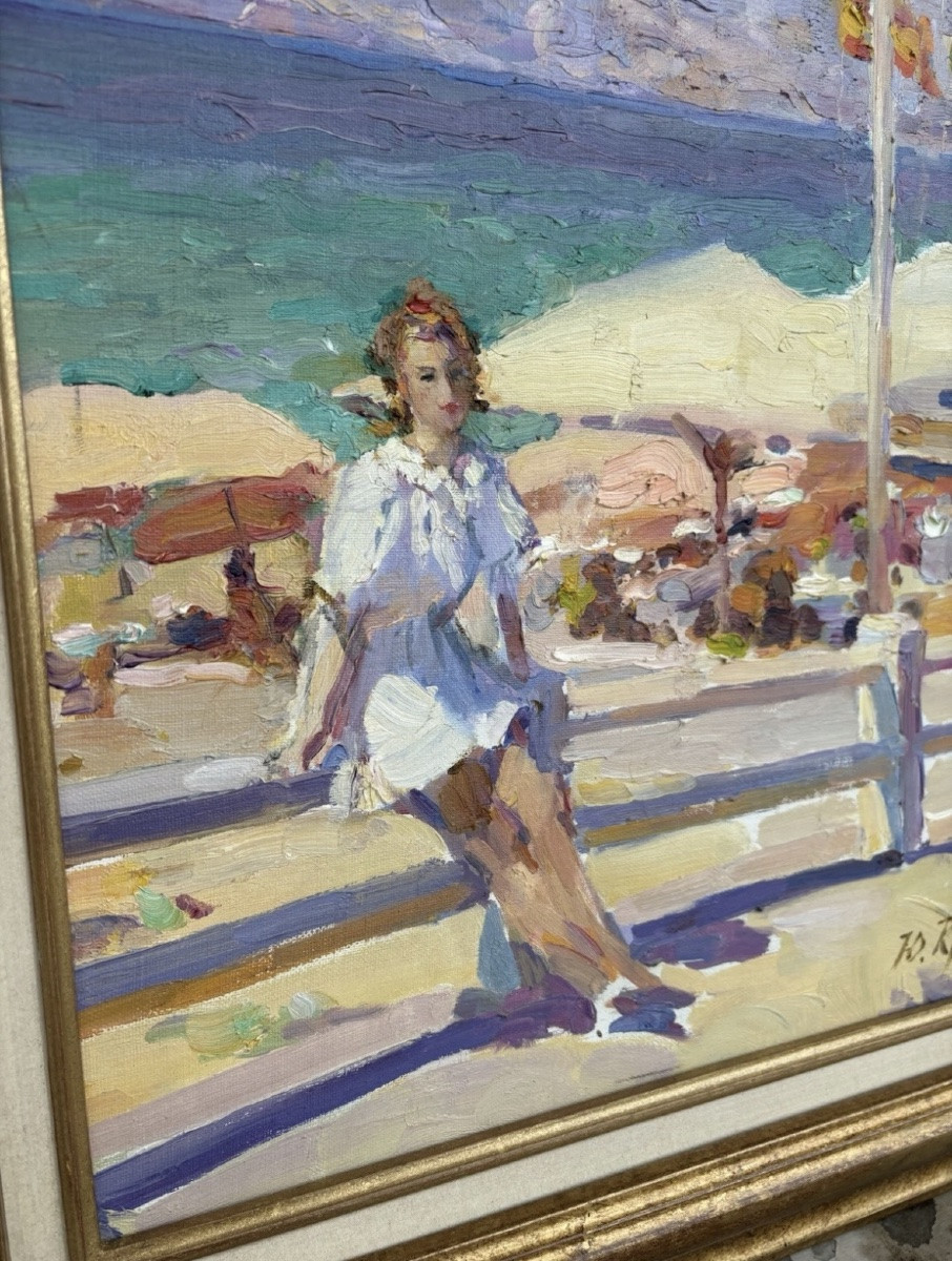 Painting - Youri Krotov, Russia (1964) - Croisette, On The Beach In Cannes, Oil On Cardboard-photo-4