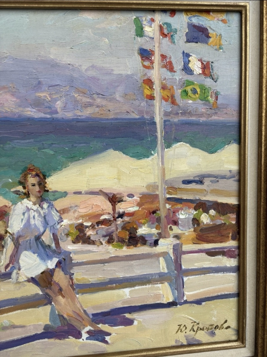 Painting - Youri Krotov, Russia (1964) - Croisette, On The Beach In Cannes, Oil On Cardboard-photo-1
