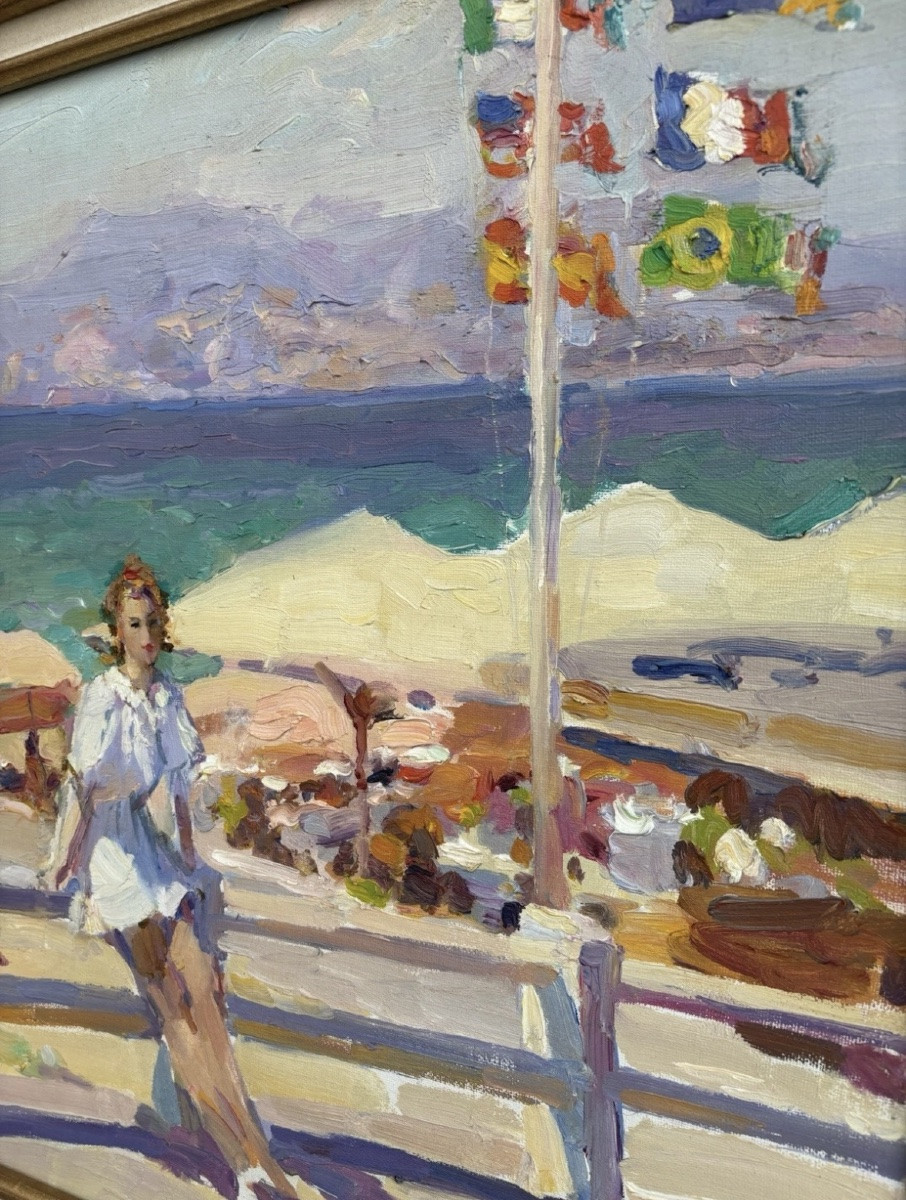 Painting - Youri Krotov, Russia (1964) - Croisette, On The Beach In Cannes, Oil On Cardboard-photo-4