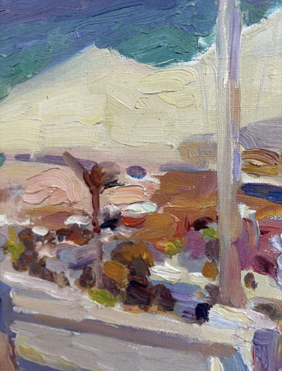 Painting - Youri Krotov, Russia (1964) - Croisette, On The Beach In Cannes, Oil On Cardboard-photo-5