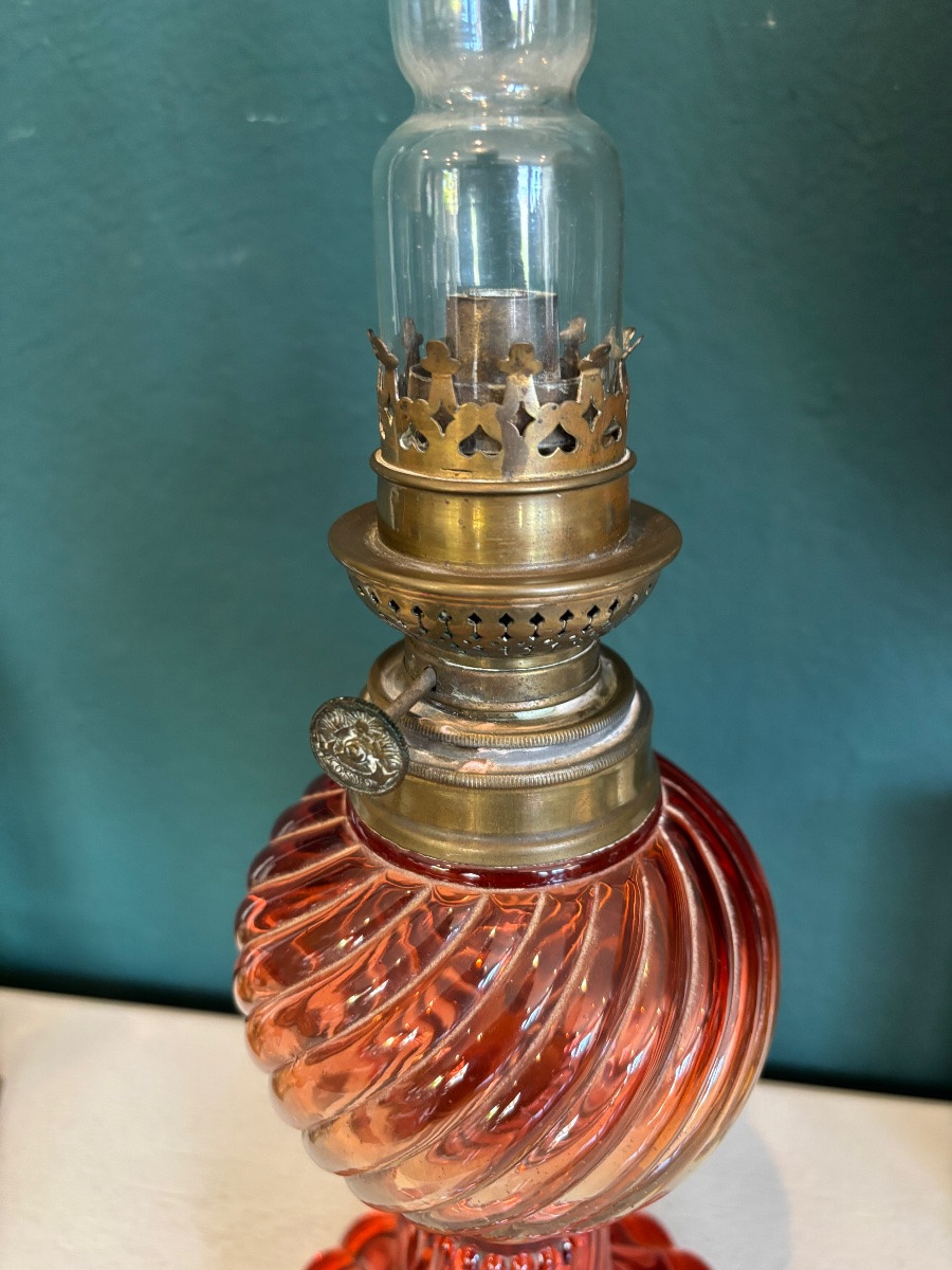 Baccarat Twisted Red Crystal Lamp - Early 20th Century - Signed-photo-4