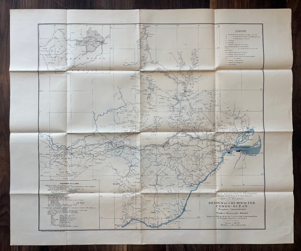 Ensemble complet de 3 cartes topographiques du Chemin de fer Congo-Océan – A.E.F. – 1929-1932