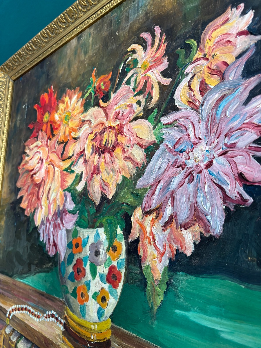Huile sur panneau vers 1960 – Nature morte aux dahlias – Signée F. Martin – 55 × 70 cm-photo-2