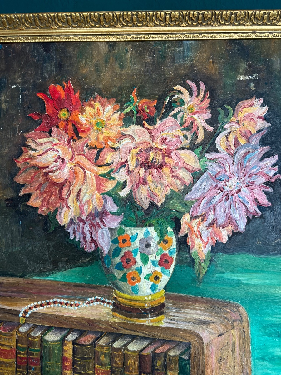 Huile sur panneau vers 1960 – Nature morte aux dahlias – Signée F. Martin – 55 × 70 cm-photo-3