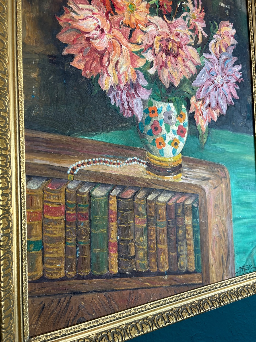 Huile sur panneau vers 1960 – Nature morte aux dahlias – Signée F. Martin – 55 × 70 cm-photo-4