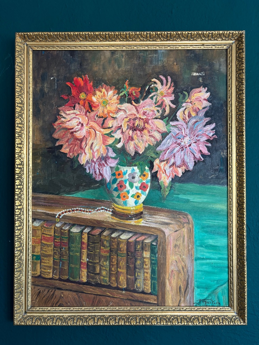 Huile sur panneau vers 1960 – Nature morte aux dahlias – Signée F. Martin – 55 × 70 cm