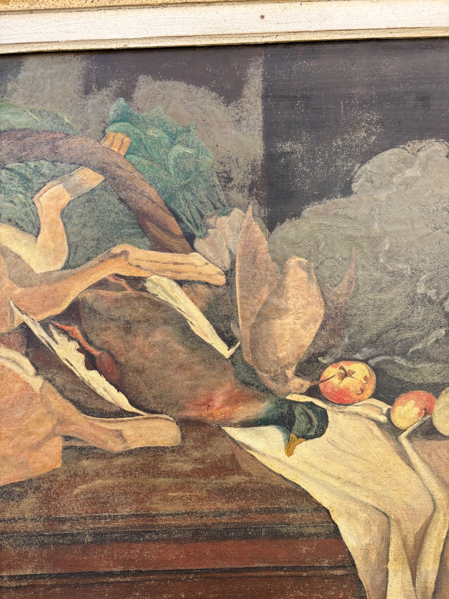 Claudine Daveze (XXᵉ siècle) Grande nature morte de chasse – Huile sur panneau-photo-3
