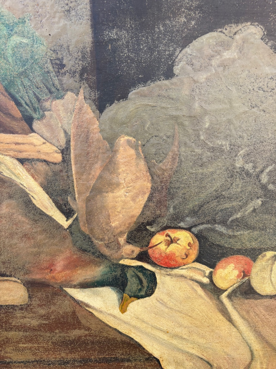 Claudine Daveze (XXᵉ siècle) Grande nature morte de chasse – Huile sur panneau-photo-1