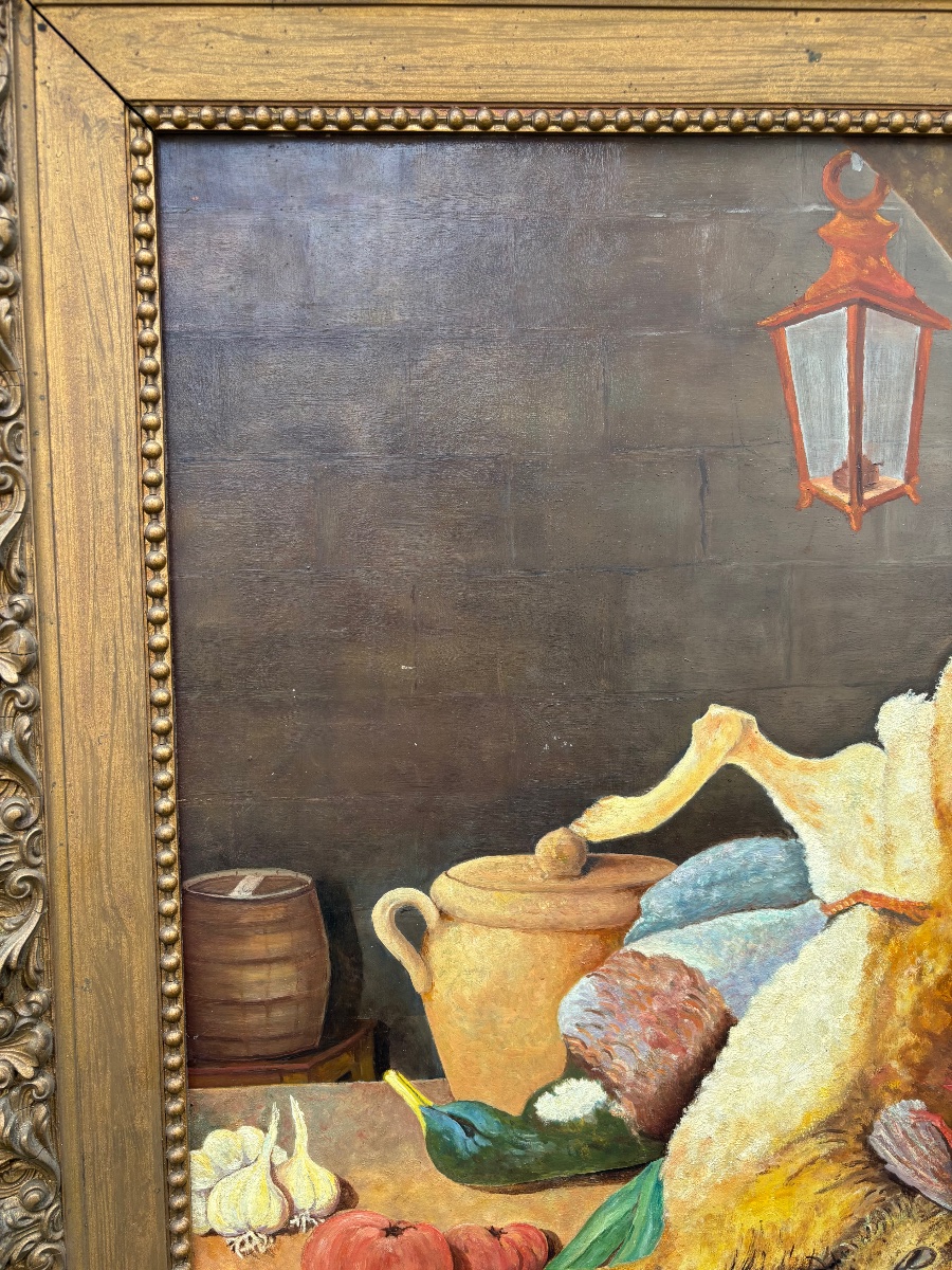 Claudine Daveze (20th Century)  Hunting Still Life – Oil On Isorel Panel-photo-2