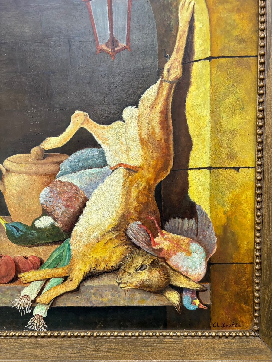 Claudine Daveze (20th Century)  Hunting Still Life – Oil On Isorel Panel-photo-3