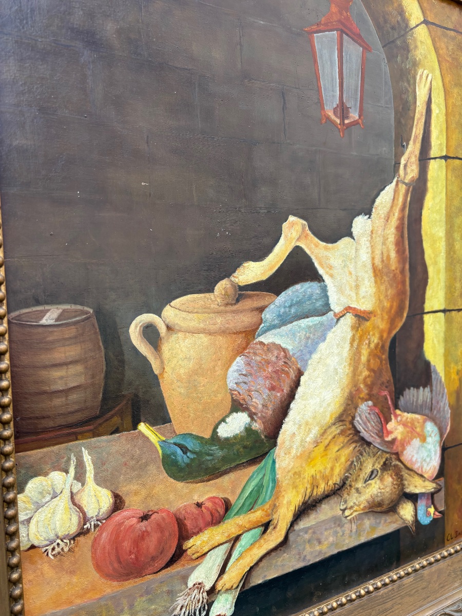 Claudine Daveze (20th Century)  Hunting Still Life – Oil On Isorel Panel-photo-4