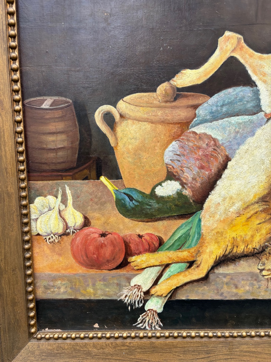 Claudine Daveze (20th Century)  Hunting Still Life – Oil On Isorel Panel-photo-1