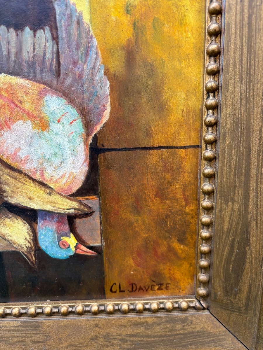 Claudine Daveze (20th Century)  Hunting Still Life – Oil On Isorel Panel-photo-2