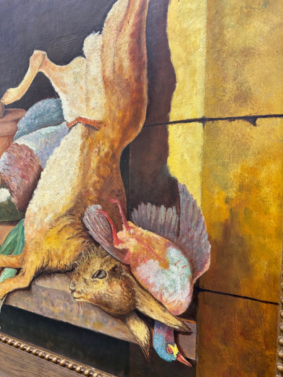 Claudine Daveze (20th Century)  Hunting Still Life – Oil On Isorel Panel-photo-3