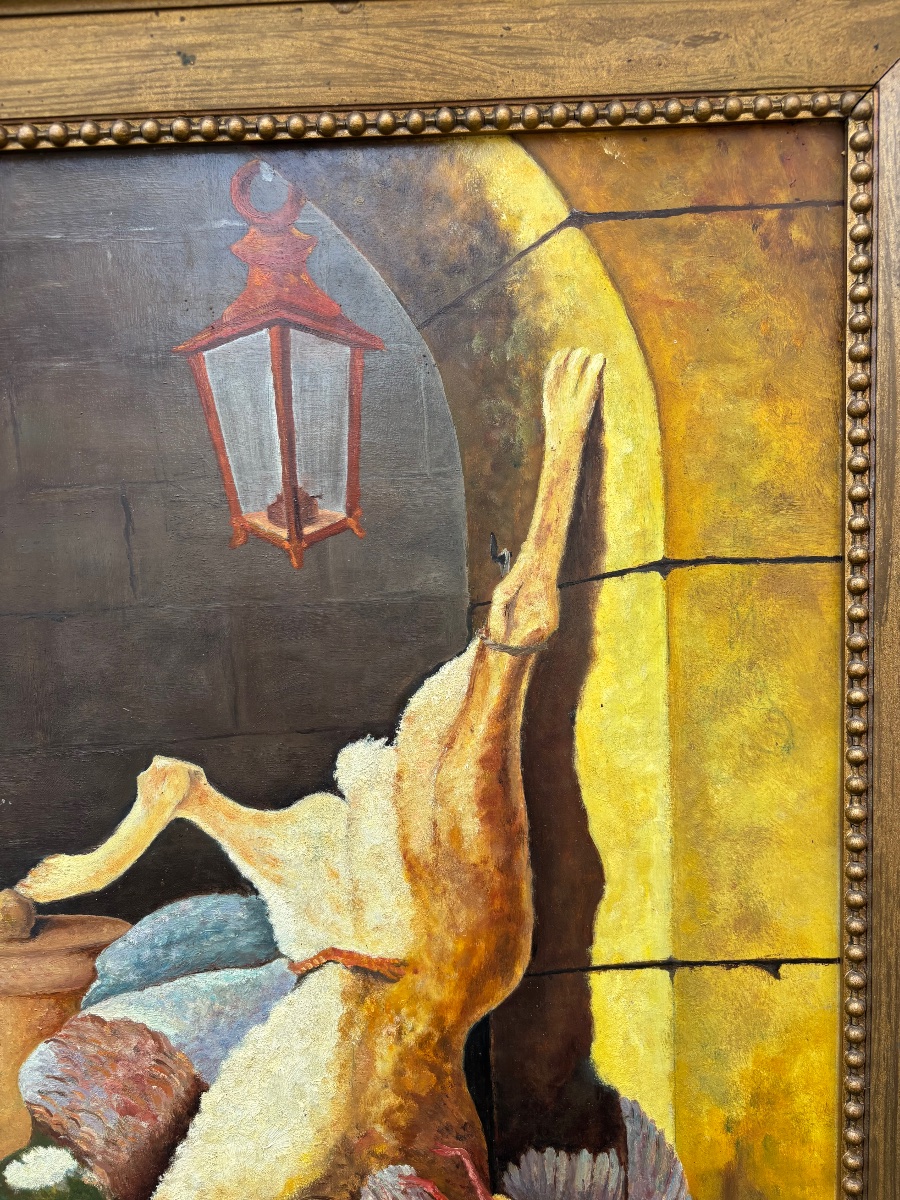 Claudine Daveze (20th Century)  Hunting Still Life – Oil On Isorel Panel-photo-5