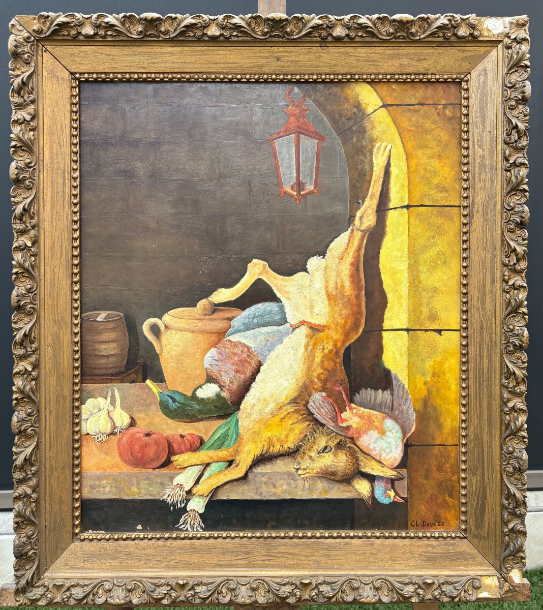 Claudine Daveze (20th Century)  Hunting Still Life – Oil On Isorel Panel