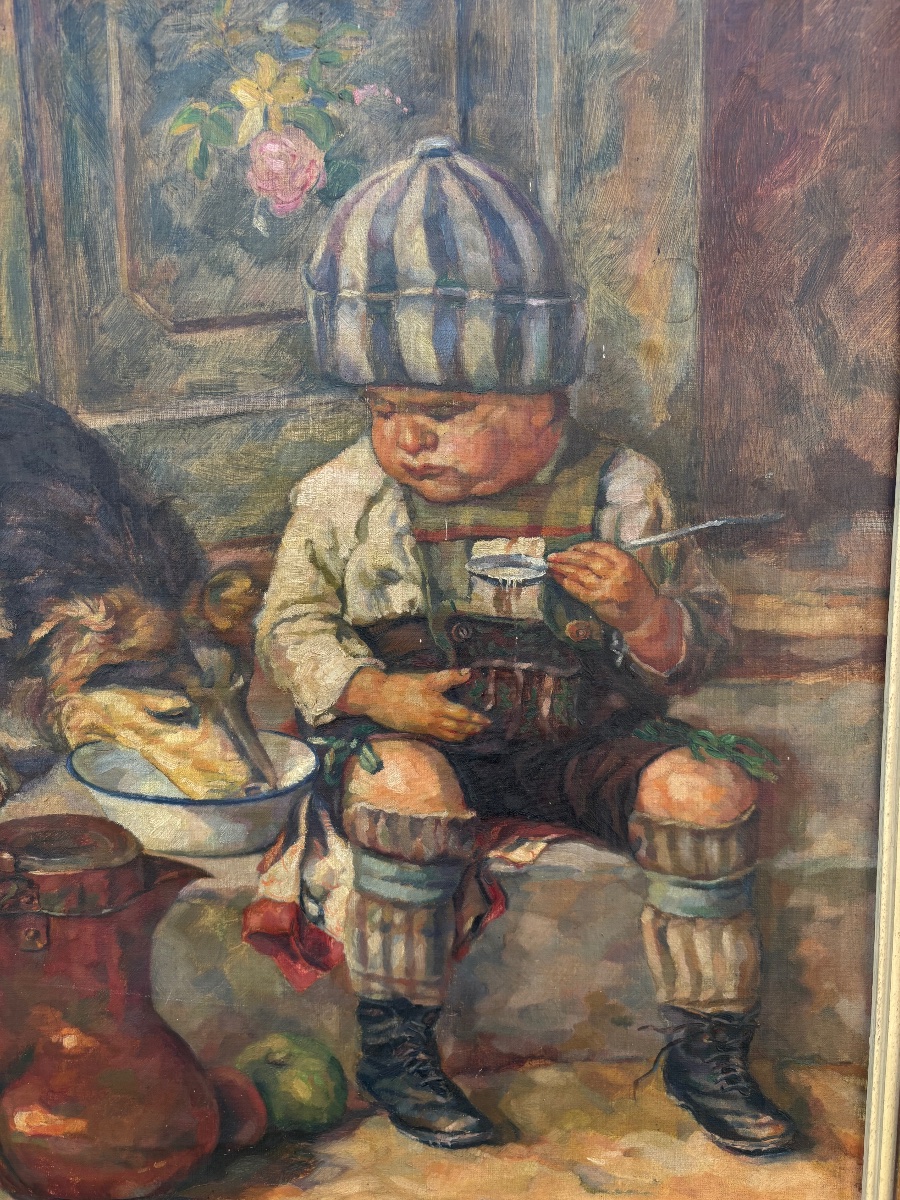 Huile sur toile – Enfant au pot de lait et son chien – Signée Albrecht, 1922-photo-4