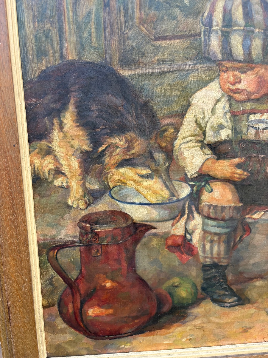 Huile sur toile – Enfant au pot de lait et son chien – Signée Albrecht, 1922-photo-1