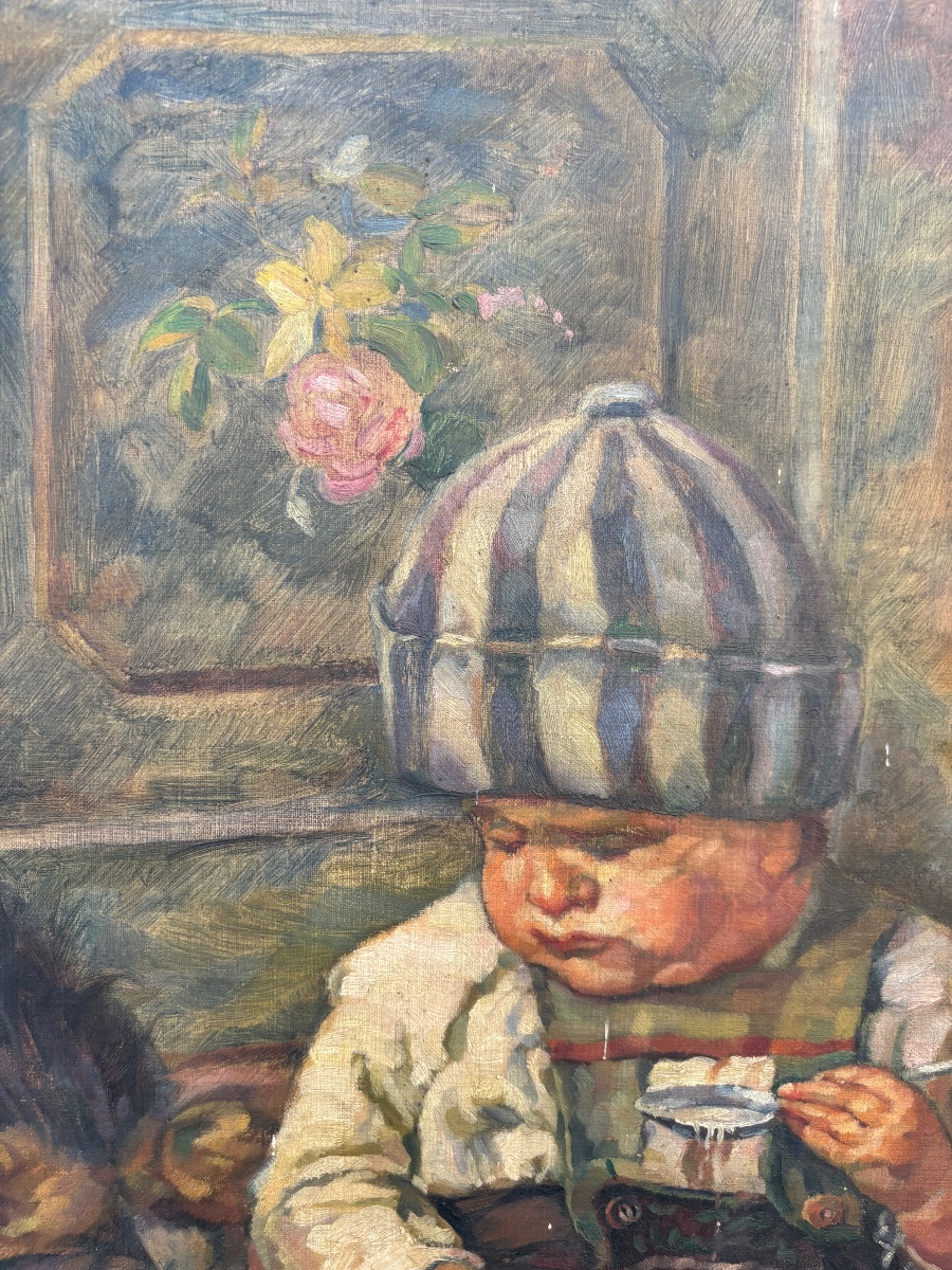 Huile sur toile – Enfant au pot de lait et son chien – Signée Albrecht, 1922-photo-2