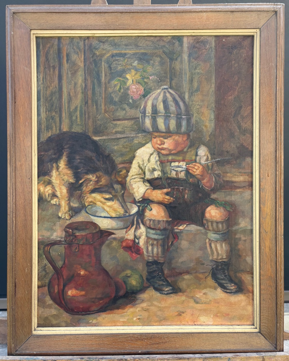 Huile sur toile – Enfant au pot de lait et son chien – Signée Albrecht, 1922