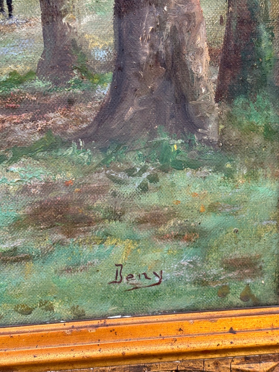 Huile sur toile signée Beny – Paysage au lever du jour, chasseur en lisière de forêt – Début XX-photo-2