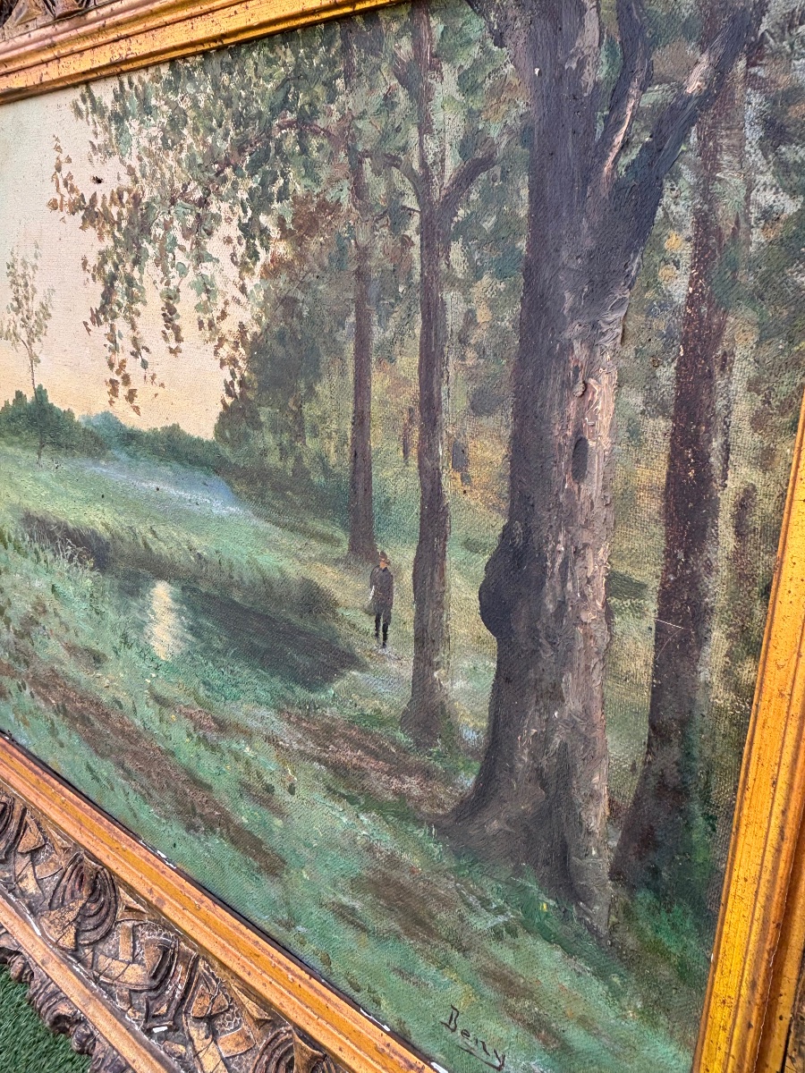 Huile sur toile signée Beny – Paysage au lever du jour, chasseur en lisière de forêt – Début XX-photo-4