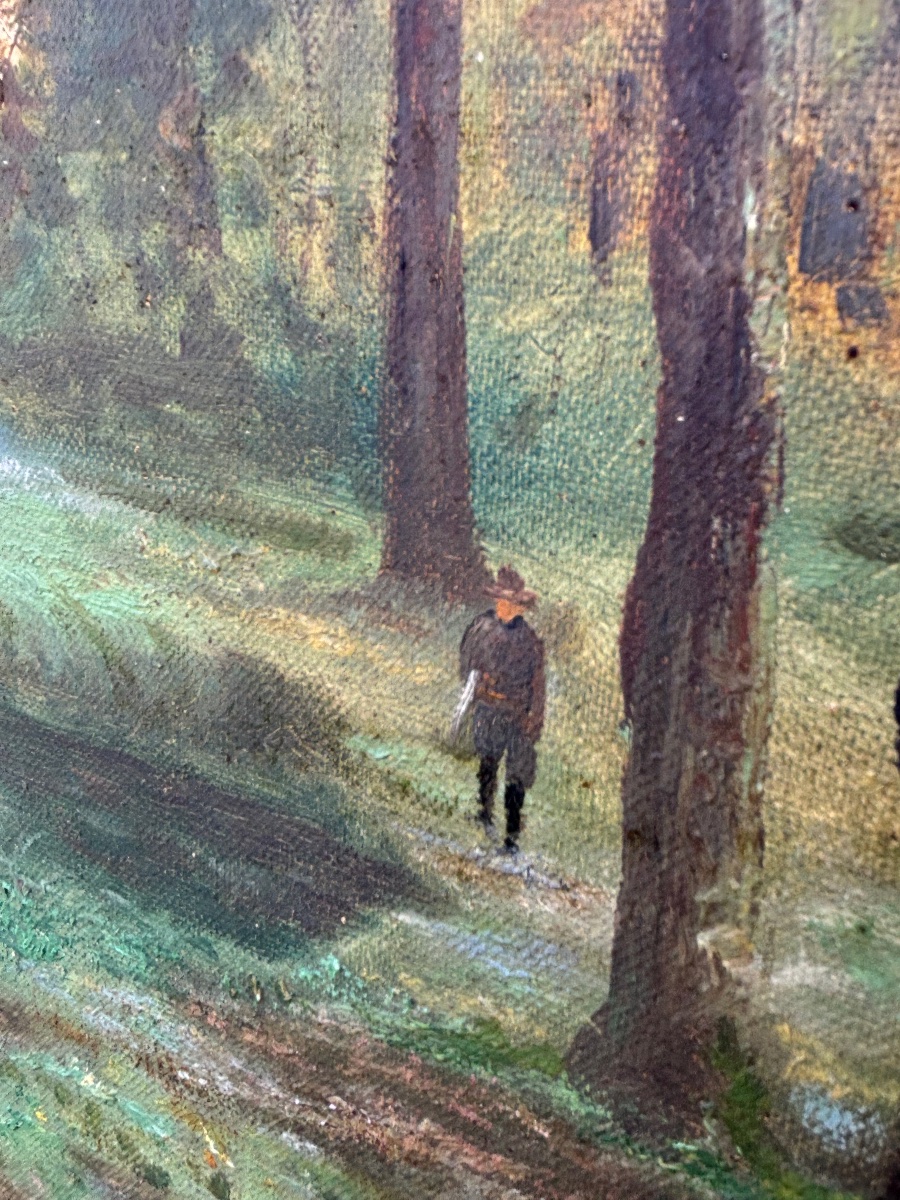 Huile sur toile signée Beny – Paysage au lever du jour, chasseur en lisière de forêt – Début XX-photo-1