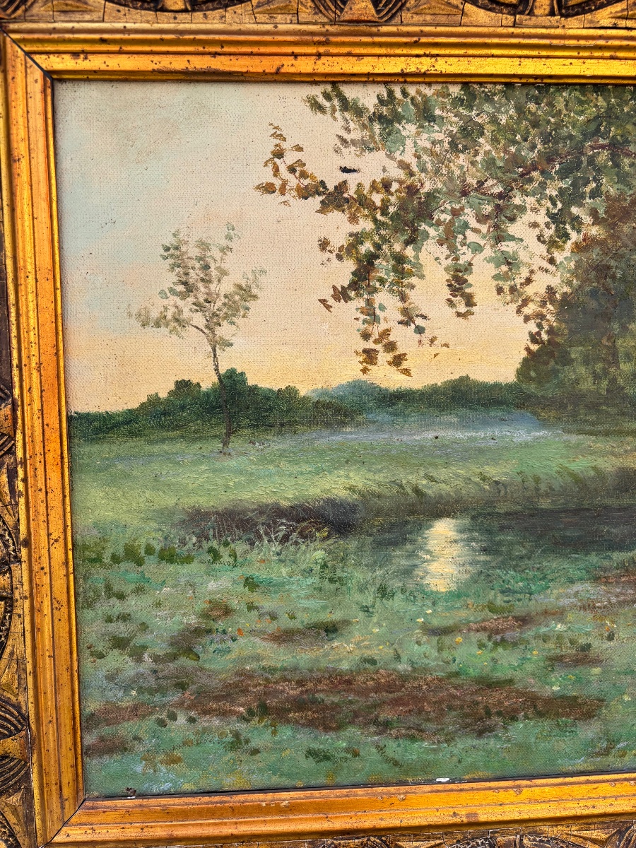 Huile sur toile signée Beny – Paysage au lever du jour, chasseur en lisière de forêt – Début XX-photo-3