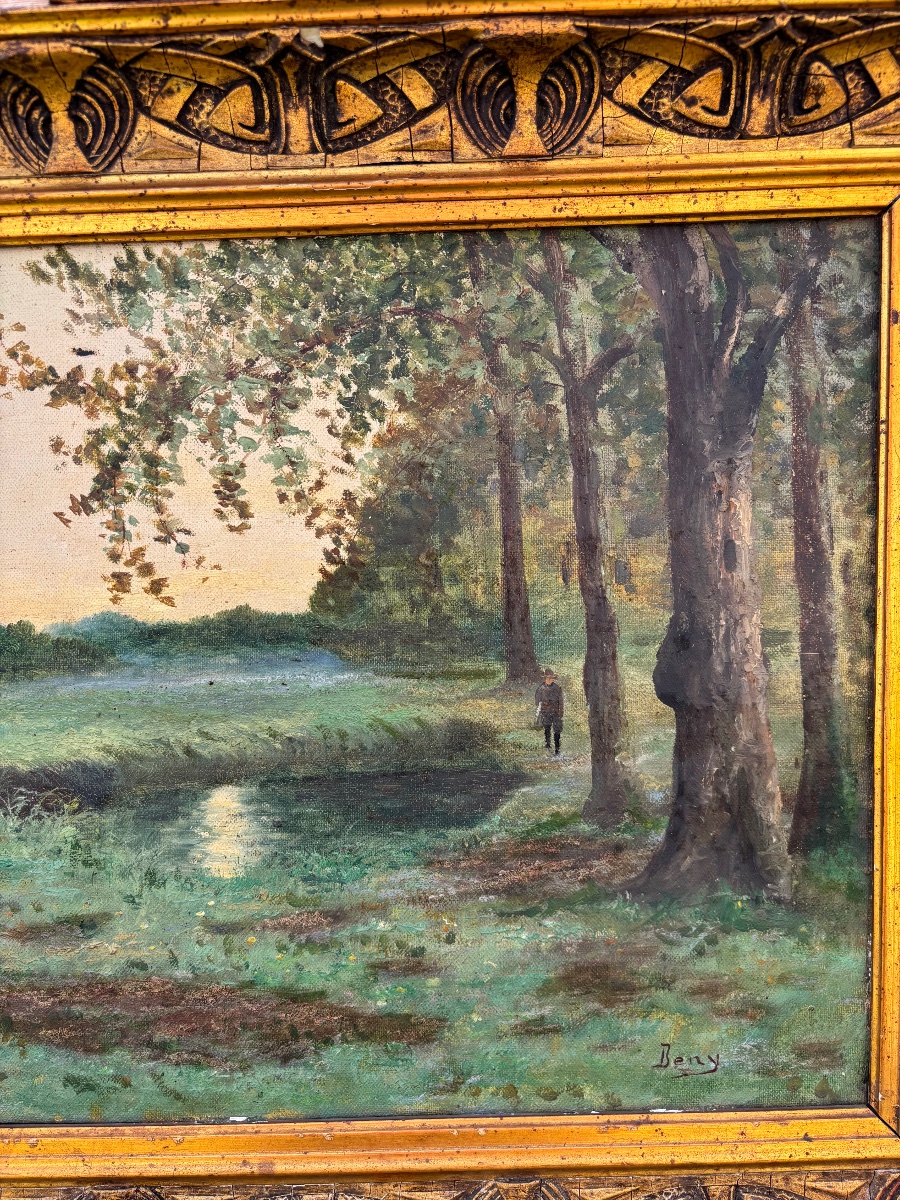 Huile sur toile signée Beny – Paysage au lever du jour, chasseur en lisière de forêt – Début XX-photo-4