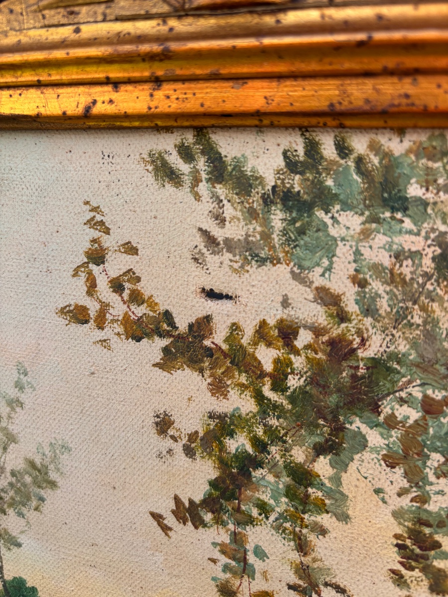Huile sur toile signée Beny – Paysage au lever du jour, chasseur en lisière de forêt – Début XX-photo-5