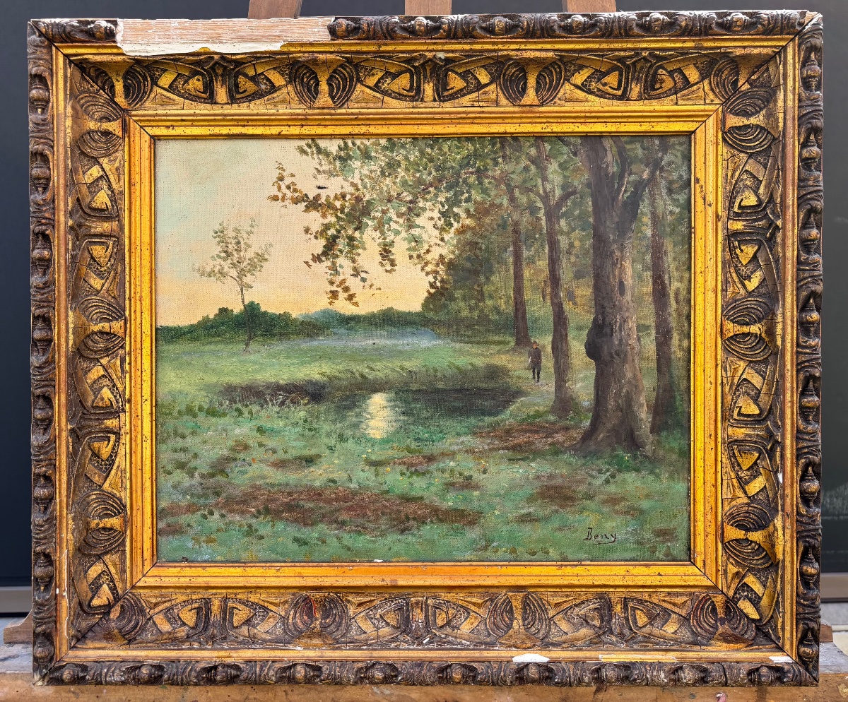 Huile sur toile signée Beny – Paysage au lever du jour, chasseur en lisière de forêt – Début XX