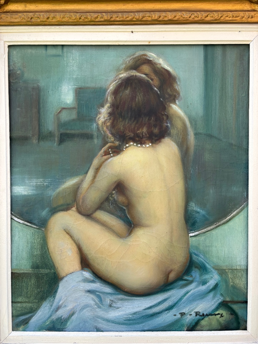 Paul Remy (XXᵉ siècle) – Femme nue au collier de perles devant son miroir-photo-2