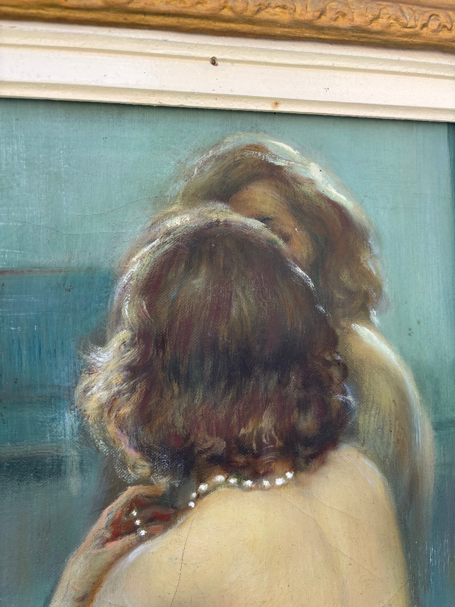 Paul Remy (XXᵉ siècle) – Femme nue au collier de perles devant son miroir-photo-4