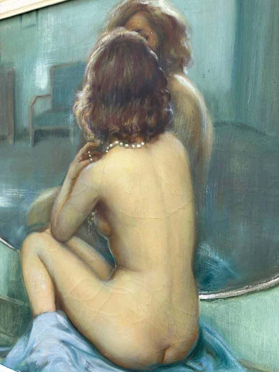 Paul Remy (XXᵉ siècle) – Femme nue au collier de perles devant son miroir-photo-3