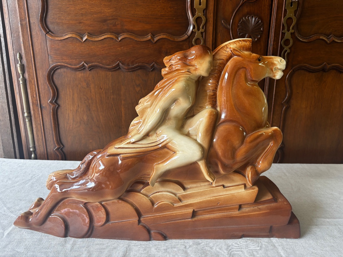 Charles Lemanceau (1905–1980) – Galloping Horse And Amazon With A Shield – Saint-cl Pottery-photo-2