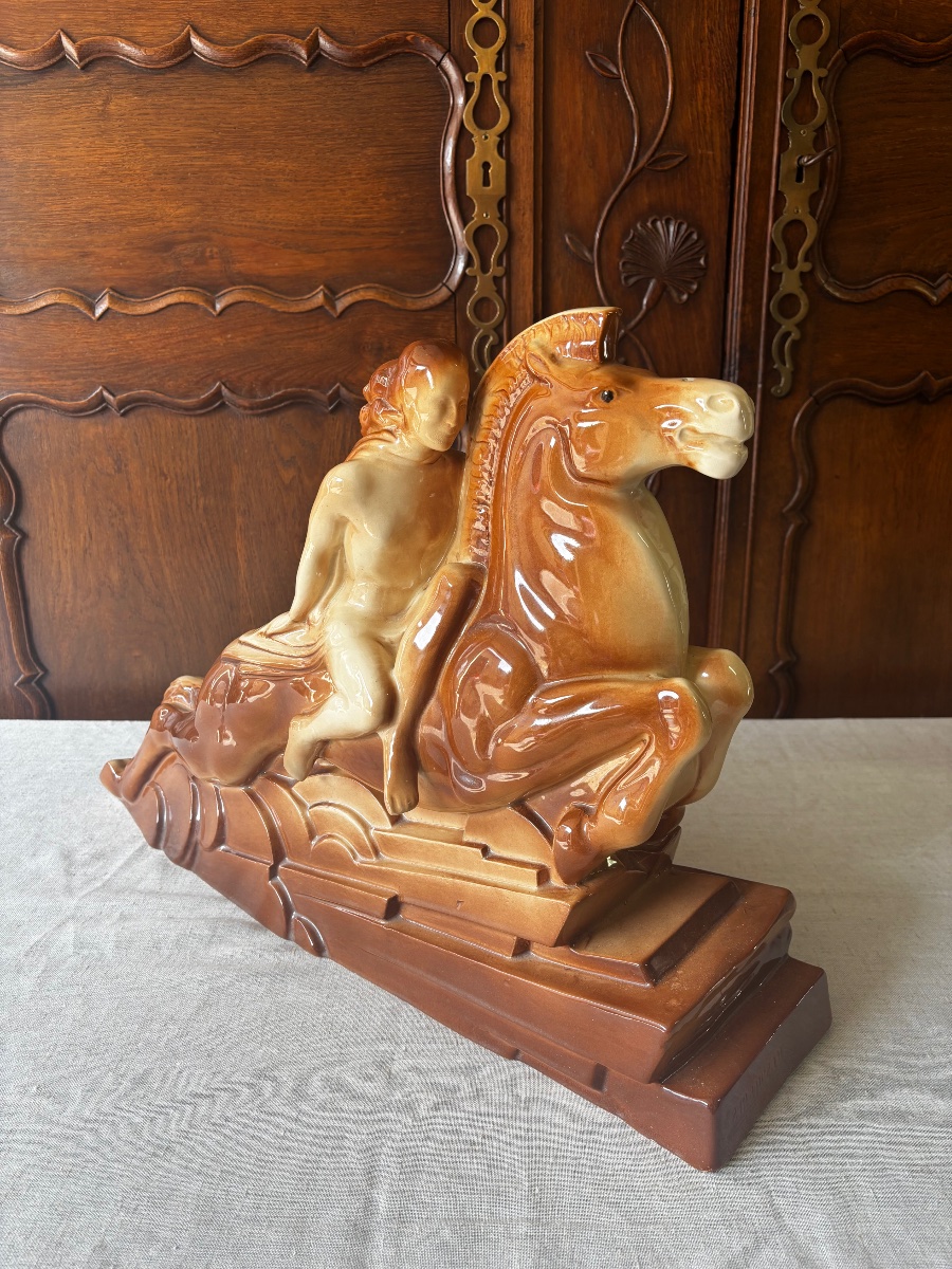 Charles Lemanceau (1905–1980) – Galloping Horse And Amazon With A Shield – Saint-cl Pottery