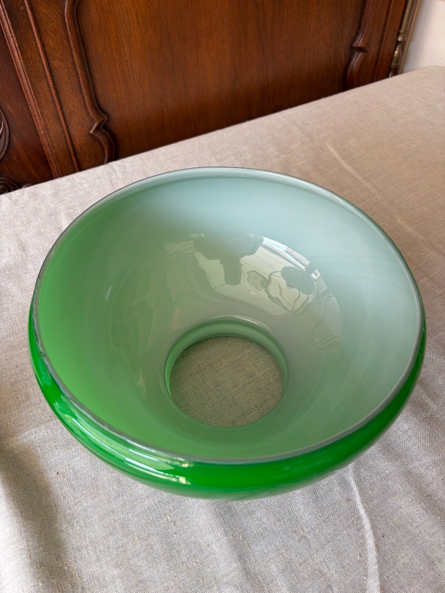 Lampe à pétrole de comptoir en laiton, opaline verte et opaline blanche – Vers 1925-photo-7