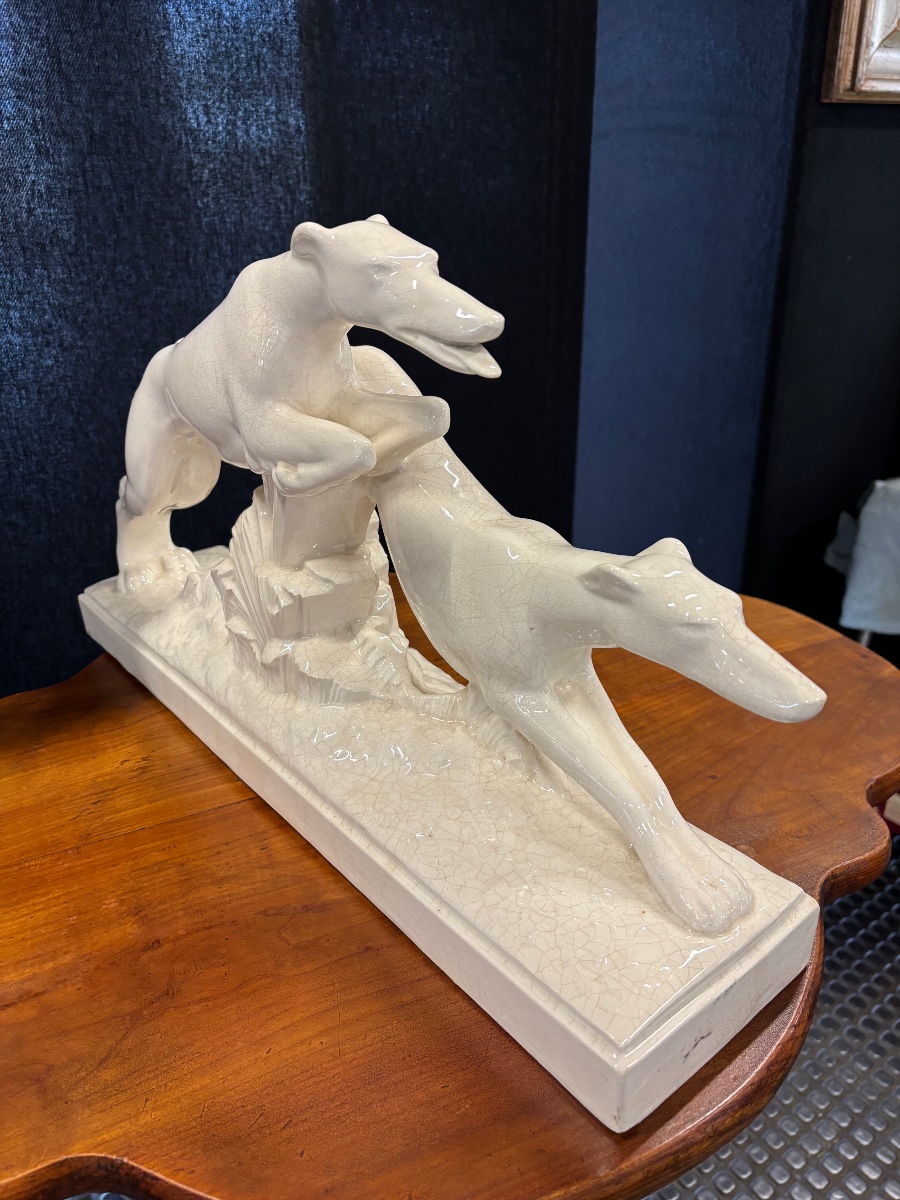 Charles Lemanceau – Deux lévriers en faïence craquelée – Saint-Clément – Art déco vers 1930-194-photo-3