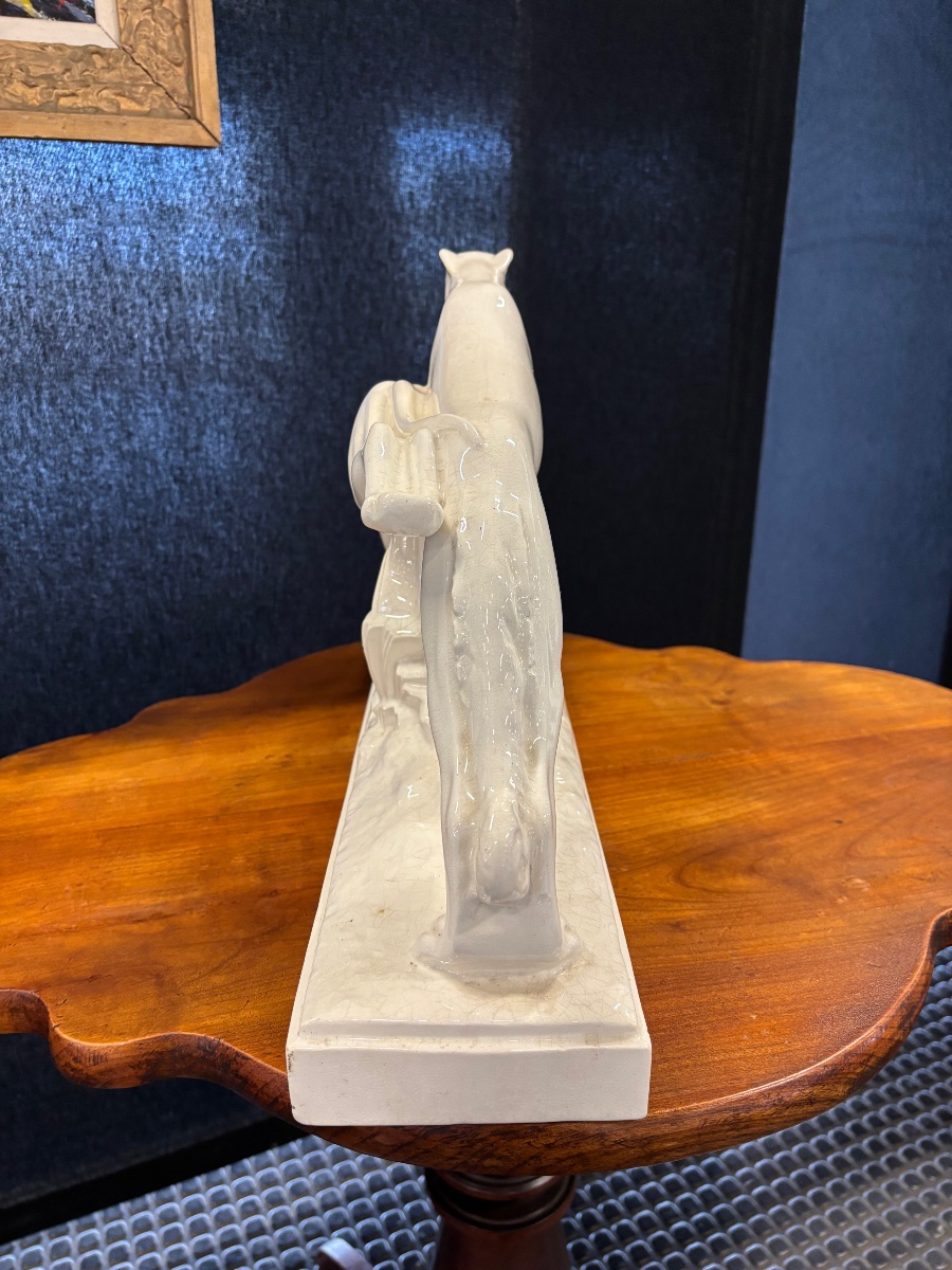 Charles Lemanceau – Deux lévriers en faïence craquelée – Saint-Clément – Art déco vers 1930-194-photo-1