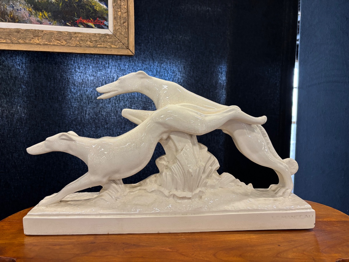 Charles Lemanceau – Deux lévriers en faïence craquelée – Saint-Clément – Art déco vers 1930-194