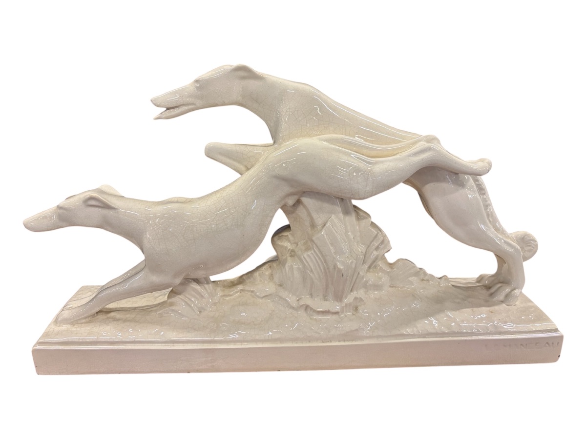 Charles Lemanceau – Deux lévriers en faïence craquelée – Saint-Clément – Art déco vers 1930-194