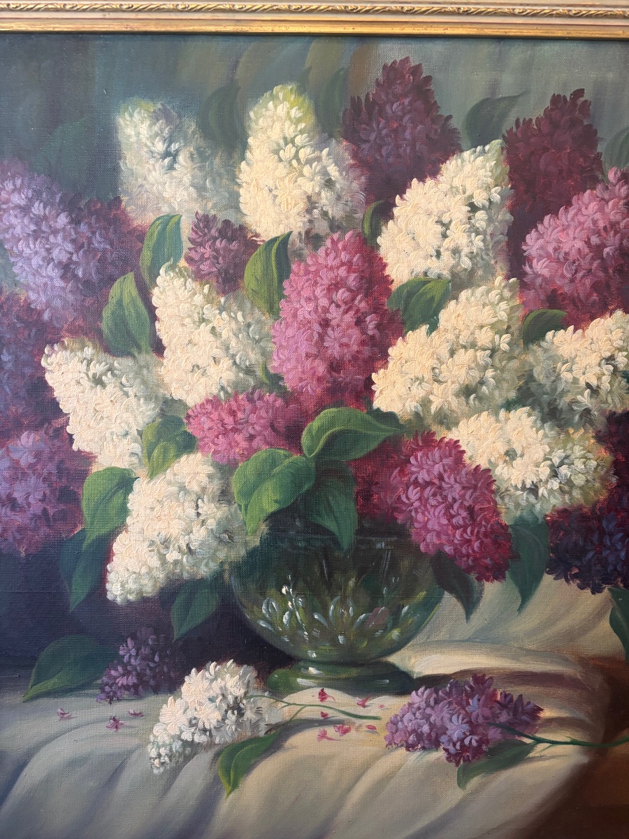 Bouquet Of Lilacs – Oil On Canvas – Large Gilded Frame – Circa 1900-photo-3